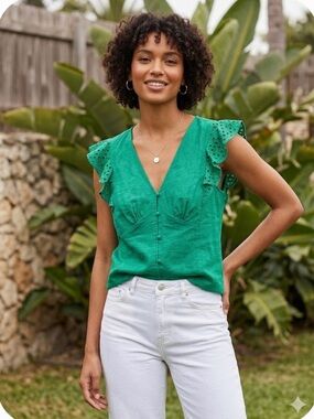 Reitmans Emerald Green Linen-Blend Eyelet Ruffle Blouse